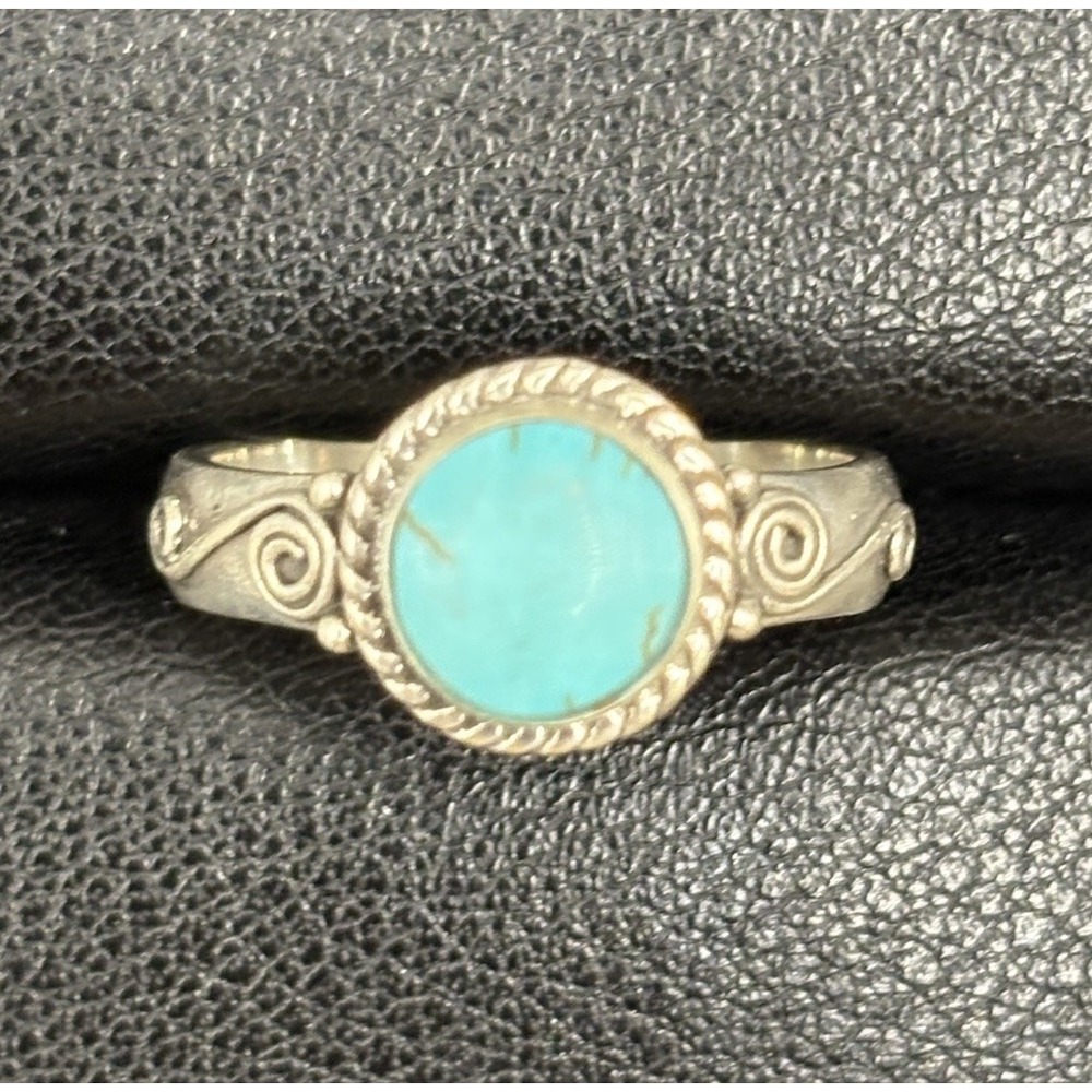 New Condition Sterling Silver Turquoise Scroll Ring Size 7 D20